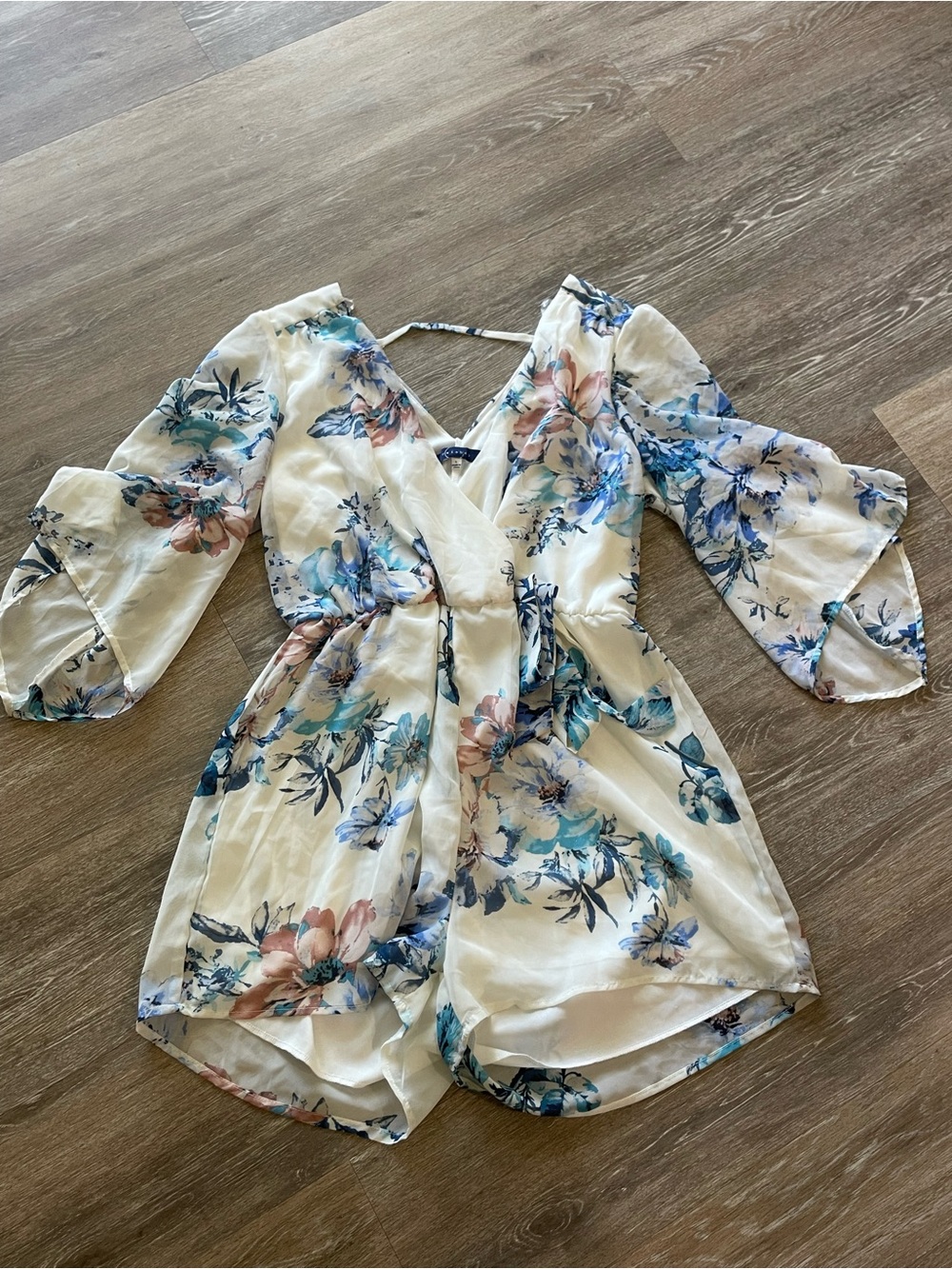 Wish Cream Floral Mini Romper with Blue and Pink Blooms
